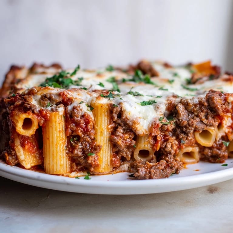 A close-up of baked ziti shows melted mozzarella on top of layered pasta and a rich meat sauce.