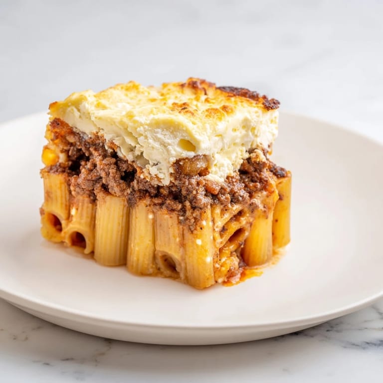 A close-up shot of the Greek Pastitsio, showing bubbling béchamel and rich, flavorful layers.