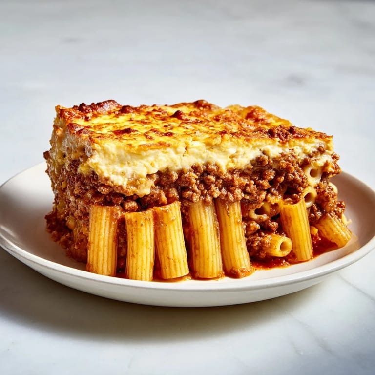 Enjoy this hearty Greek Pastitsio, a traditional casserole featuring perfectly cooked pasta and spiced meat.
