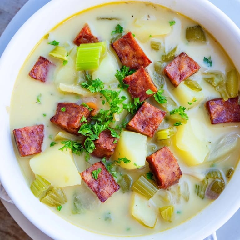 A steaming bowl of Potato, Leek & Chorizo Soup, rich with a smoky aroma, ready to enjoy.