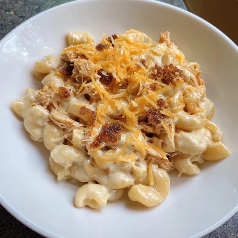 Smoky BBQ chicken topping creamy Classic Mac & Cheese, bubbling in a baking dish, ready to eat.