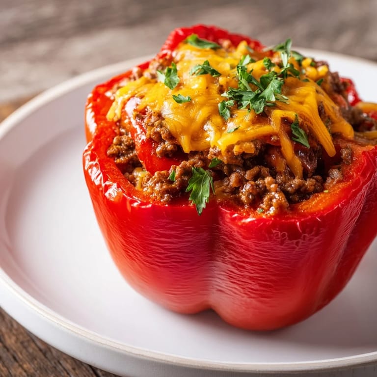 Sloppy Joe Stuffed Peppers, steaming hot on a white plate, showing the juicy meat filling inside.