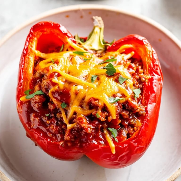 A close-up of cheesy Sloppy Joe Stuffed Peppers, a colorful and delicious, hearty meal.