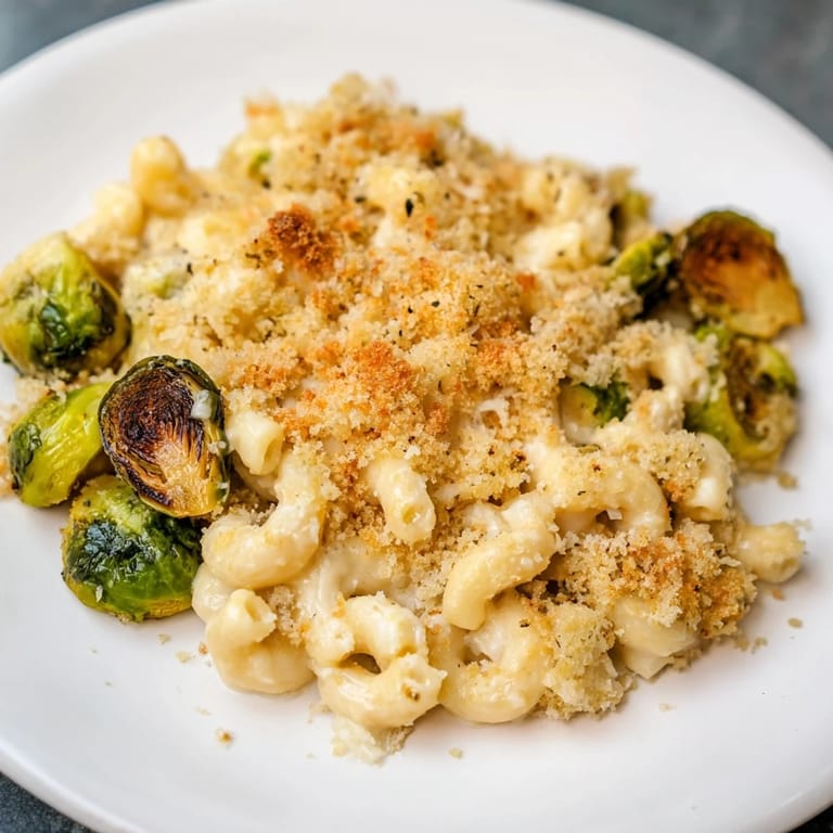 A close-up of cheesy Sheet Pan Mac and Cheese, bubbling and topped with a buttery breadcrumb crust.