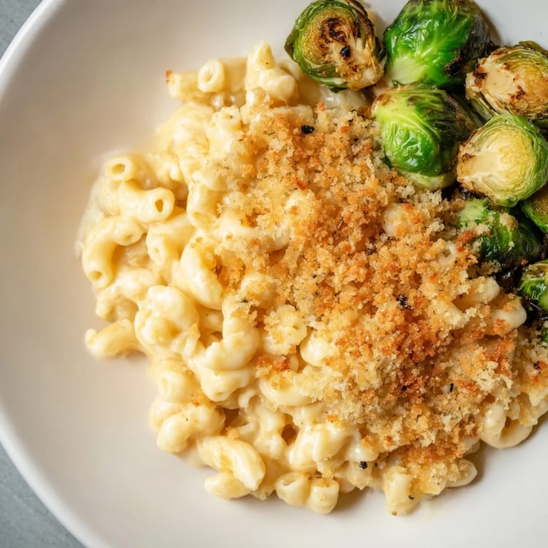 Sheet Pan Mac and Cheese sizzling with roasted Brussels sprouts offering a simple, satisfying meal.