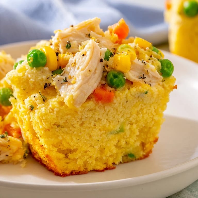 A close-up of fluffy and delicious Mini Chicken Pot Pie Cornbread Muffins, ready to be eaten.