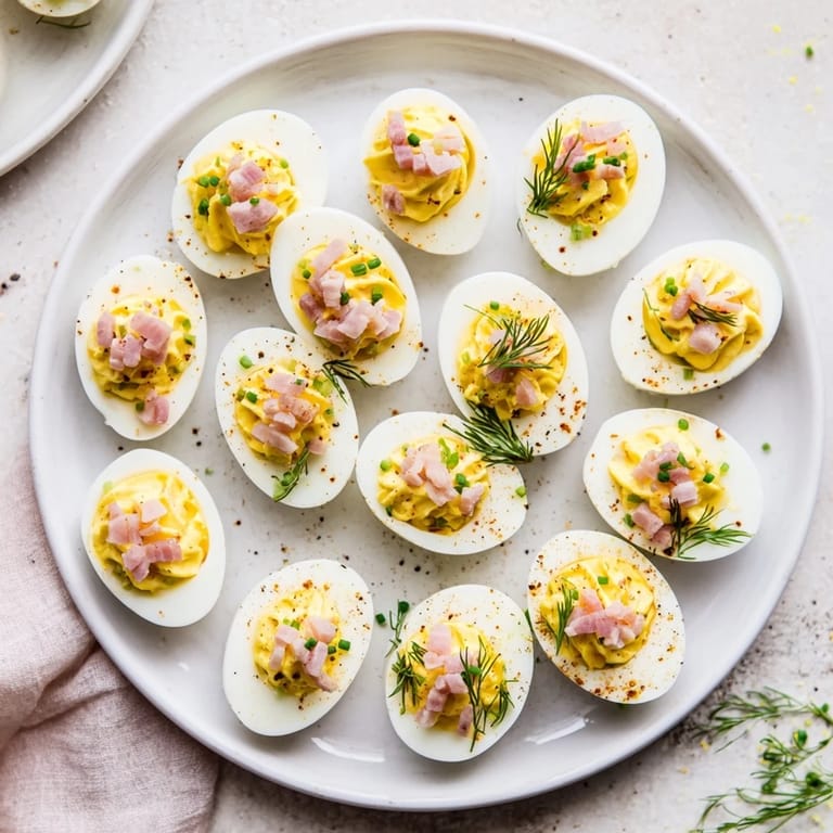 Creamy loaded deviled eggs flecked with herbs and bacon bits, perfect for a party platter.