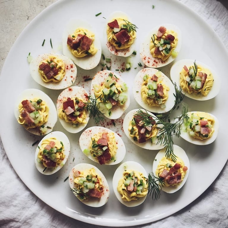 Fluffy loaded deviled eggs showing a perfect filling, garnished with fresh dill and flavorful paprika.