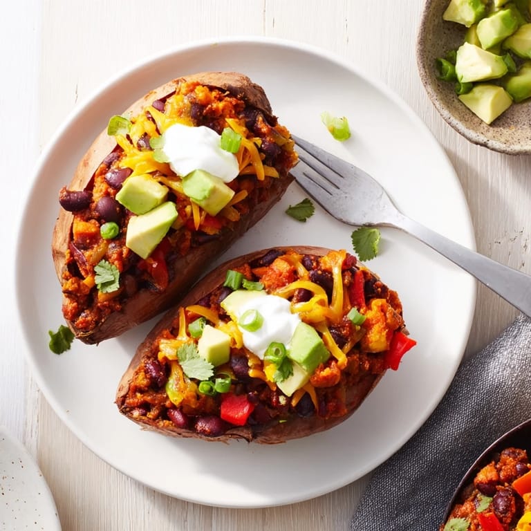 Warm, tender baked sweet potato chili boats, a cozy and filling vegetarian recipe.