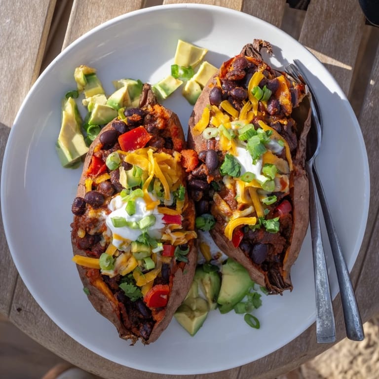 A close-up of steaming Savory Baked Sweet Potato Chili Boats, topped with fresh cilantro.