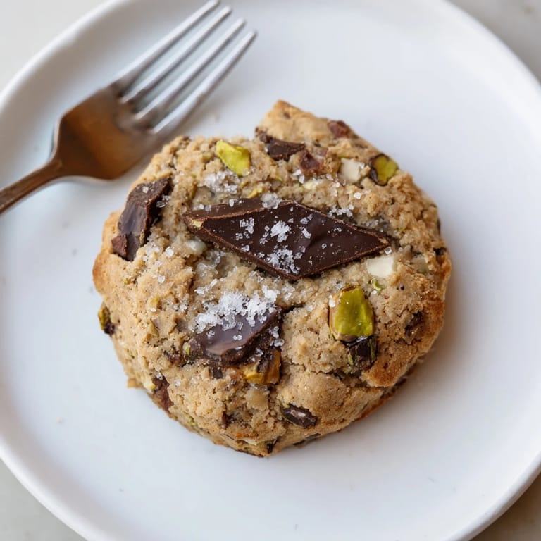 Close-up of freshly baked Salted Pistachio Chocolate Chunk Shortbread, showing dark chocolate and flaky salt.