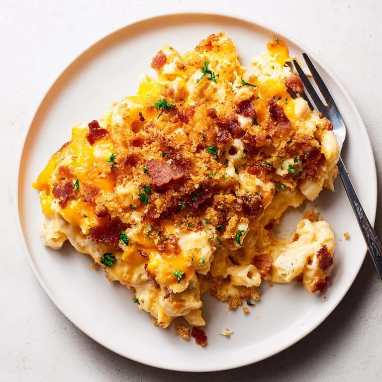 A close-up shot of sheet pan mac and cheese showcasing its cheesy texture and bacon topping.