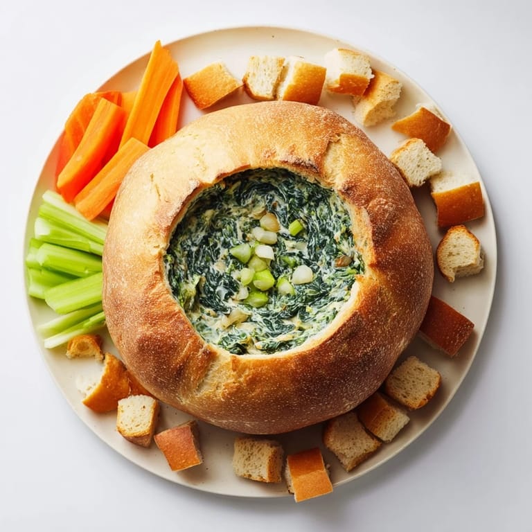Close-up of spoon scooping creamy The Best Spinach Dip Ever from a bread bowl, so inviting.