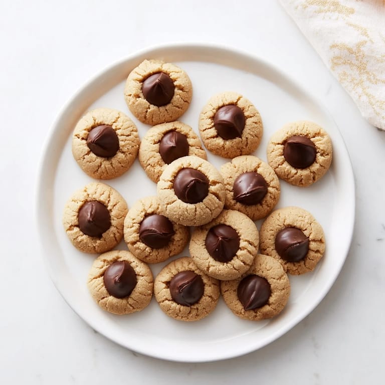 Freshly baked 3-Ingredient Peanut Butter Blossoms, slightly cracked around the chocolate, a perfect holiday treat.