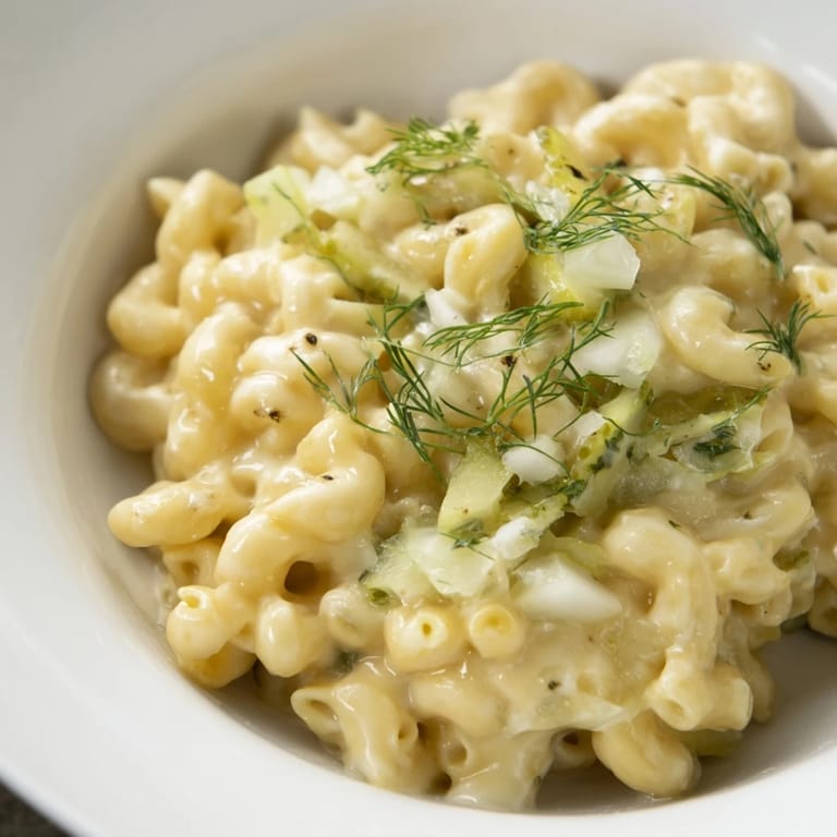 A close-up of creamy, flavorful Pickle Mac and Cheese garnished with fresh dill, ready to eat.