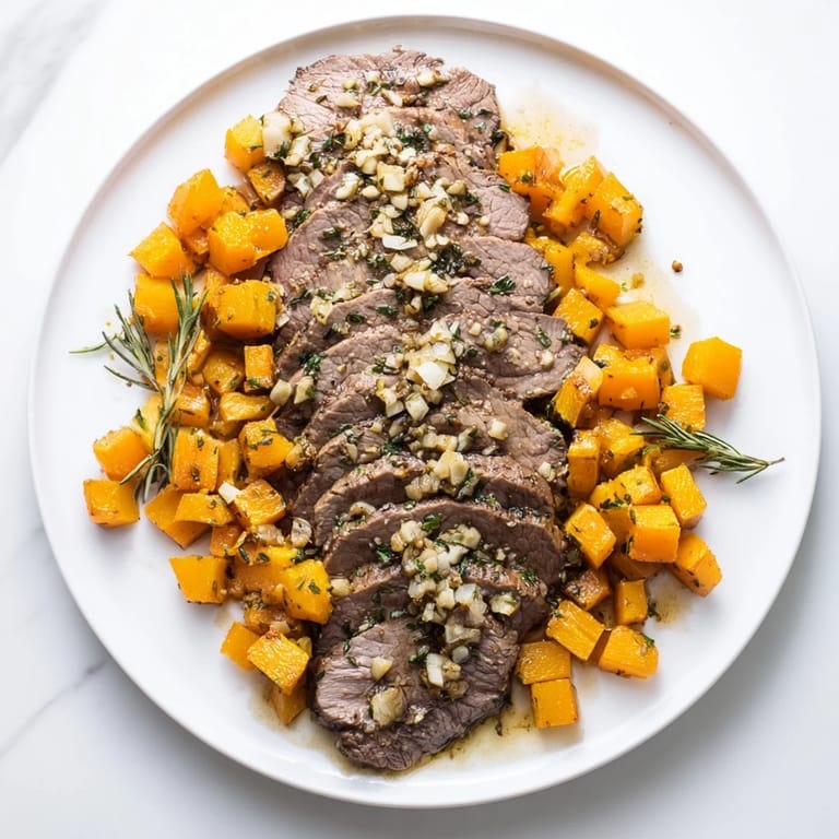 Juicy slices of garlic-herb steak on top of sweet butternut squash bowls, garnished with fresh herbs.
