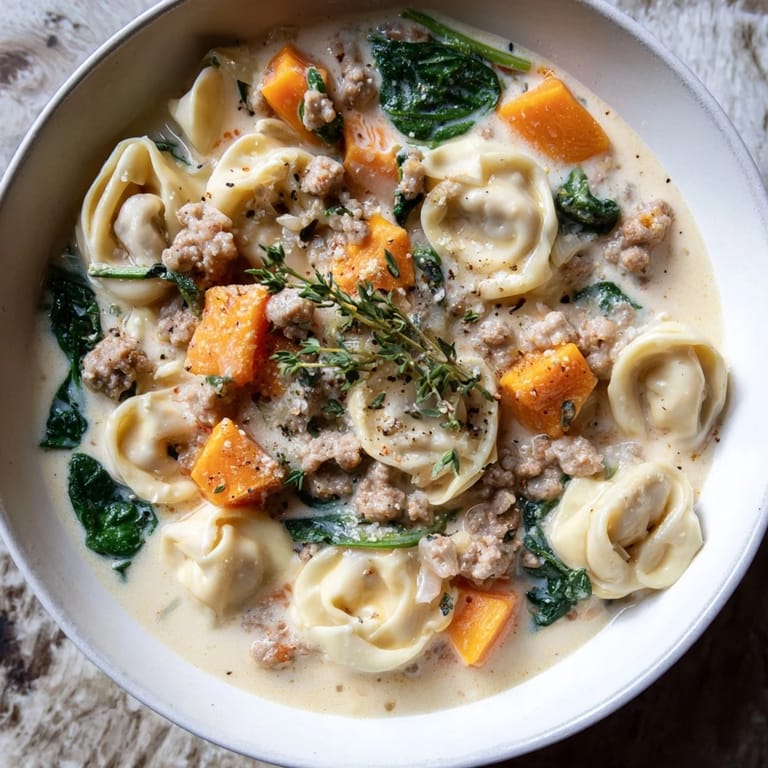 This warm bowl of Creamy Sausage Tortellini Soup features vibrant spinach and rich, creamy broth, perfect for chilly weather.