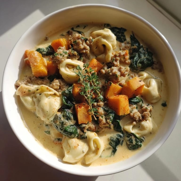 Observe the golden color of the Creamy Sausage Tortellini Soup, revealing its cheesy tortellini and hearty Italian flavors.