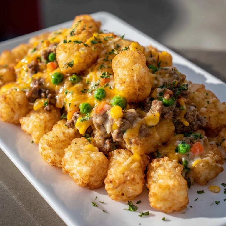 A warm, comforting image of Quick Christmas Tater Tot Casserole, a family-friendly holiday meal.