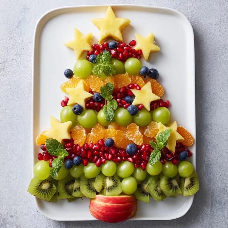 This Quick Christmas Tree Fruit Platter features neatly arranged grapes and kiwi, creating a colorful holiday appetizer.