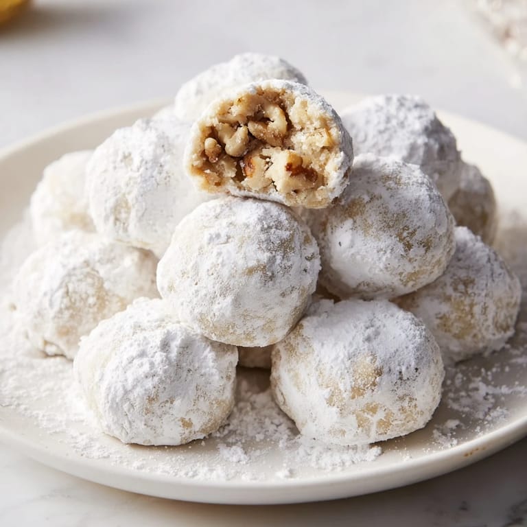 Close-up of golden-bottomed Budget-Friendly Snowball Cookies with pecans, perfect for gifting or a treat.
