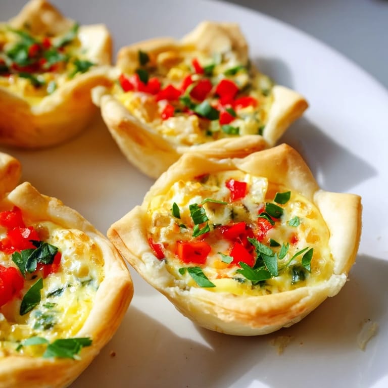 Close-up of fluffy Easy Festive Mini Quiche Cups, perfect bite-sized appetizers, with savory, rich filling.