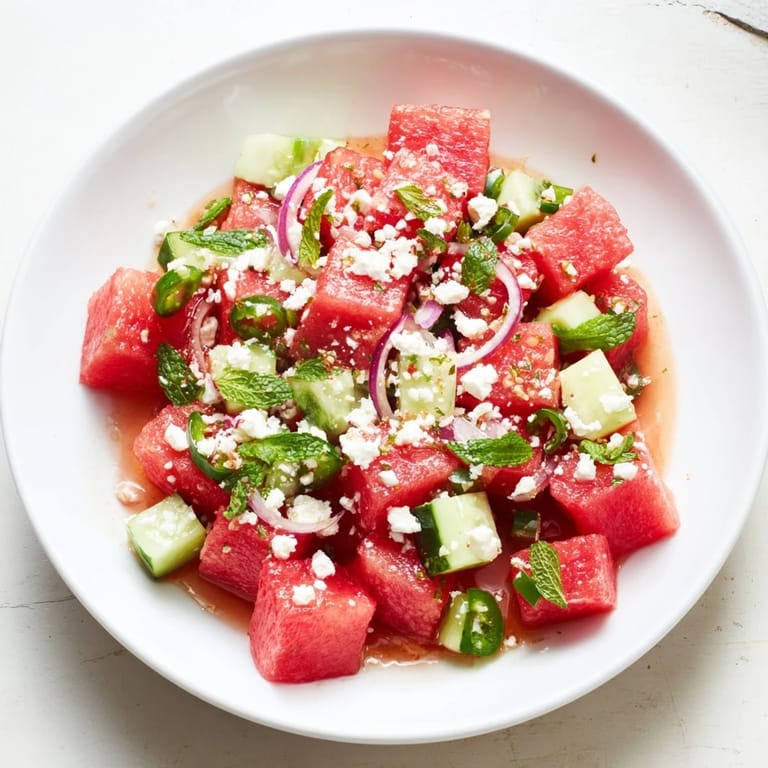 A close-up of a refreshing Cucumber and Watermelon Hot Girl Salad bursting with color and flavor.