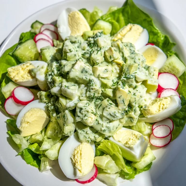 Freshly made Green Goddess Chopped Egg Salad, a vegetarian delight with colorful, crunchy vegetables.