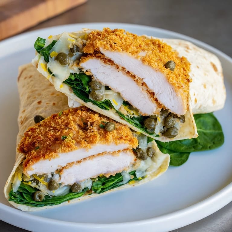 A delicious Chicken Piccata Crunch Wrap, showcasing a crispy exterior and a flavorful, saucy filling ready to eat.