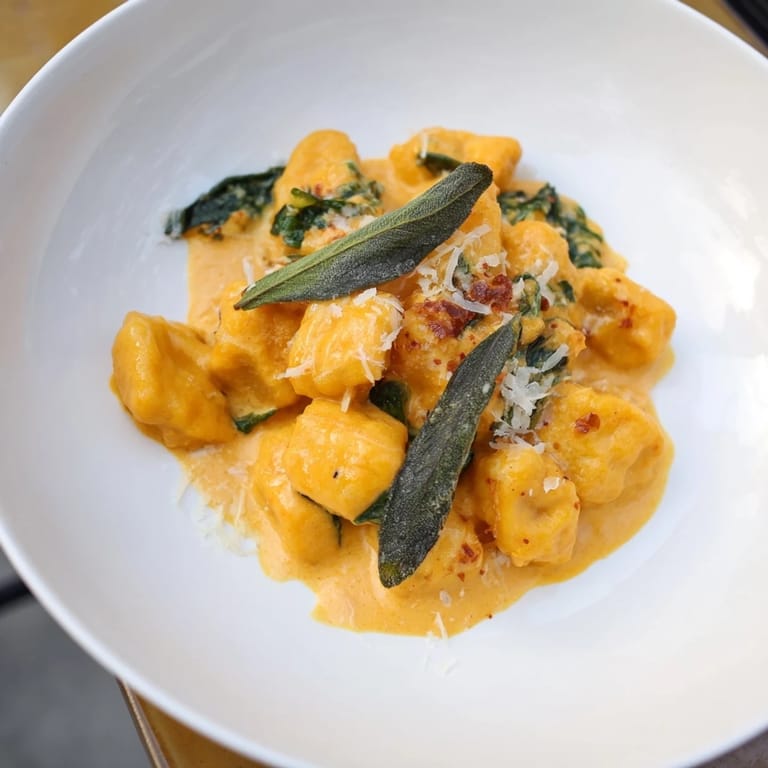 A close-up of creamy One-Pot Creamy Pumpkin Sage Gnocchi Pasta, topped with crispy sage and Parmesan cheese.