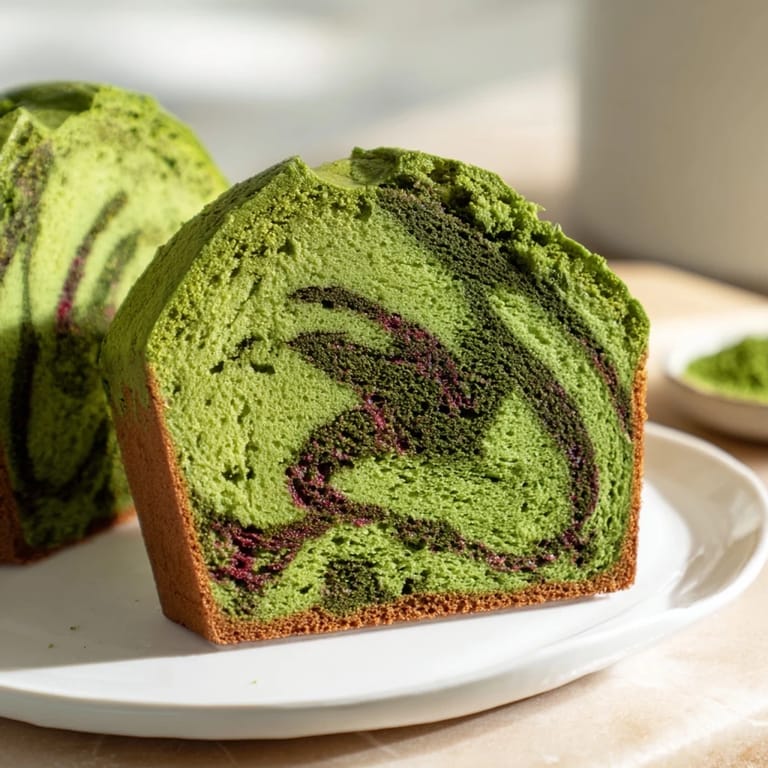 Close-up of fluffy Red & Green Swirl Matcha Marble Pound Cake showing matcha and berry colors.
