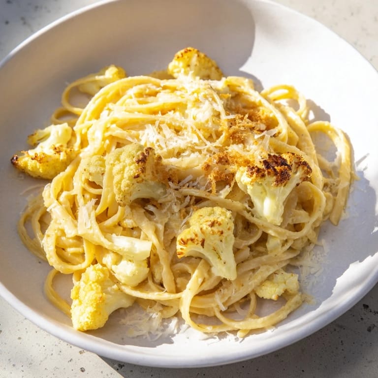 This Creamy Roasted Cauliflower Garlic Pasta is a comforting dish; imagine the aroma of garlic and herbs.