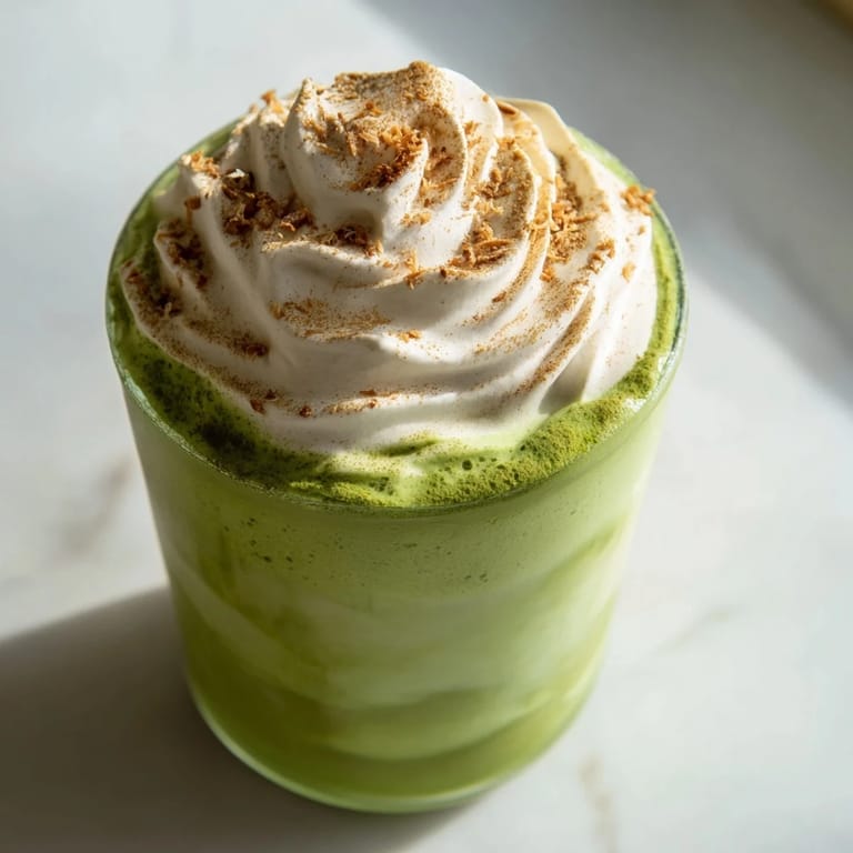 Creamy and refreshing Toasted Coconut Gingerbread Iced Matcha served over ice, a perfect afternoon treat.