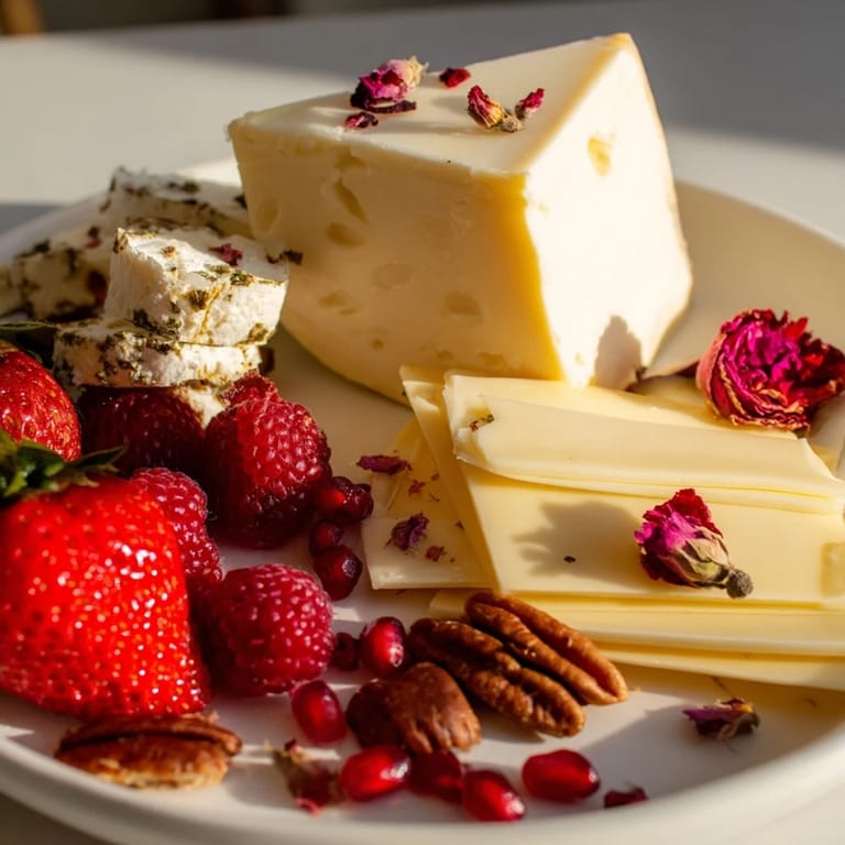 Artisan cheeses paired with a delightful Rose Garden Romantic Platter for a romantic picnic spread.