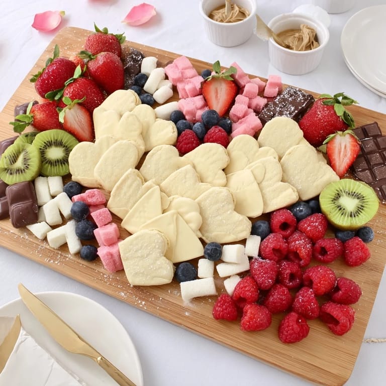 Vibrantly colorful Love Letter Dessert Board showcasing sweet cookies, chocolate treats, and fresh fruit beautifully arranged.