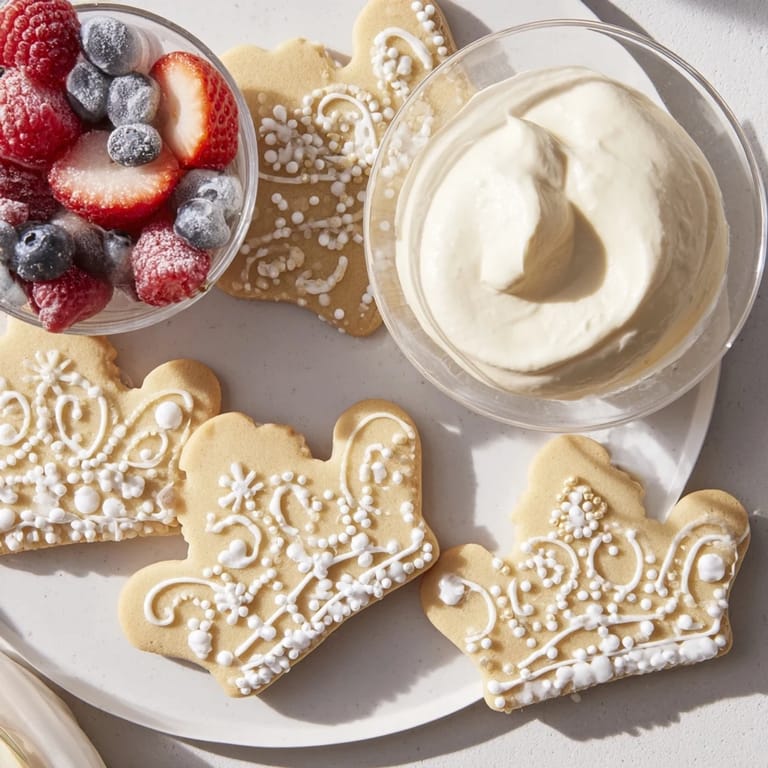 This Princess Crown Dessert Tray features a vivid display of white chocolate mousse, berries, and sugared crowns.