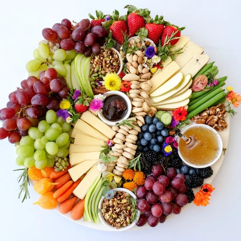An assortment of cheeses, fruits, and crackers create a stunning Enchanted Forest Grazing Board, ready for a magical party.