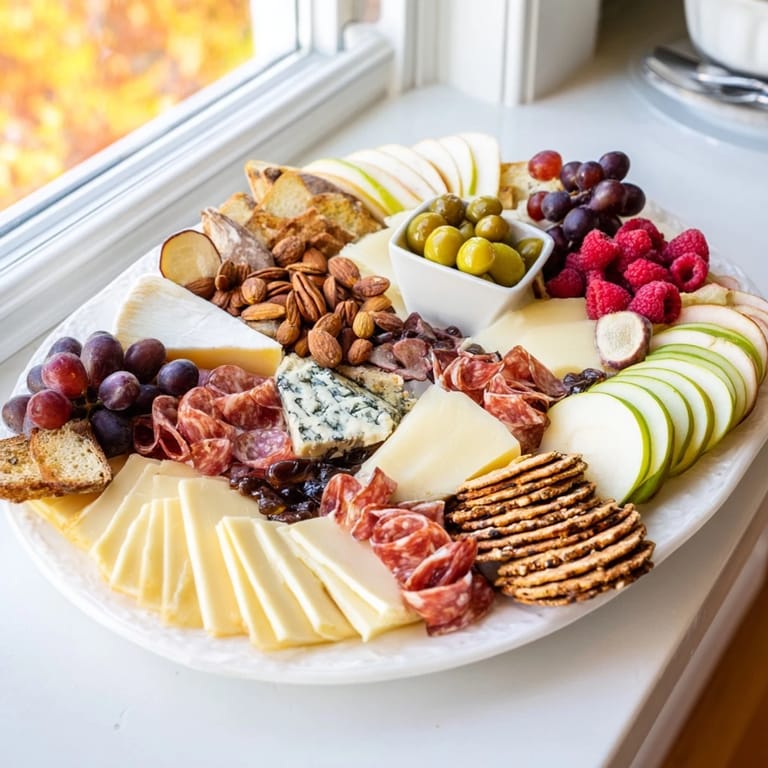 A gorgeous Lace & Pearls elegant board showcasing creamy cheeses, cured meats, and sweet fruit for a treat.