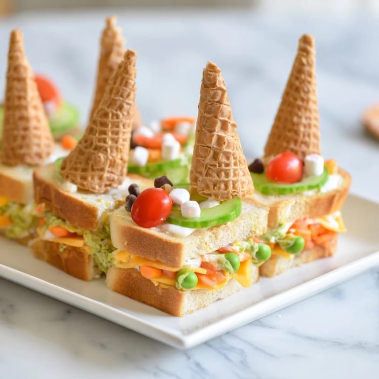 Vivid Fairy Tale Castle Platter features miniature sandwiches, waffle cones, and fresh, colorful garnishes.