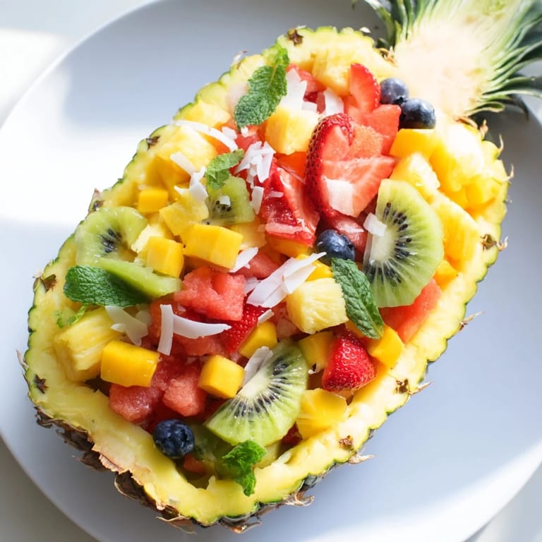 Cool, refreshing Tropical Bliss Pineapple Fruit Boat, a vegan dessert perfect for a summer gathering with friends.