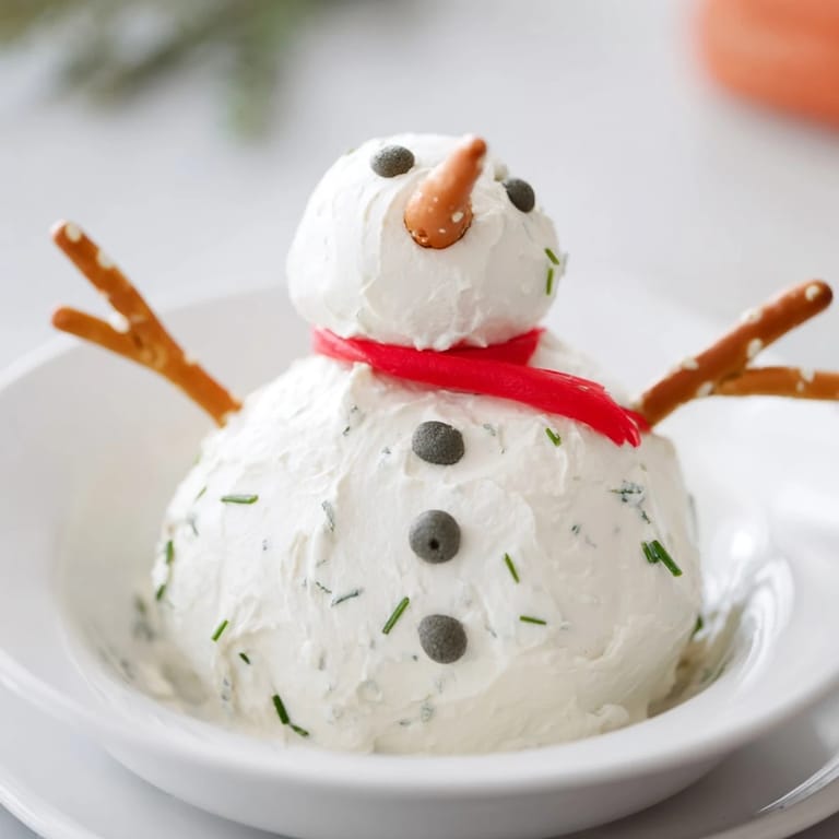 A close-up of a festive Melted Snowman Dip, complete with a carrot nose and olive eyes.