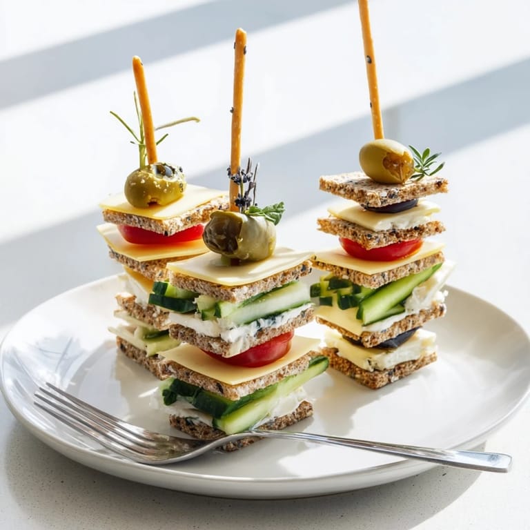 Enjoy these Urban Skyscraper Appetizers: savory stacks with fresh vegetables and creamy cheeses.