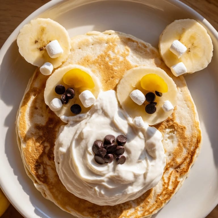 This polar bear pancake stack is garnished with fresh berries and rich maple syrup for a festive treat.