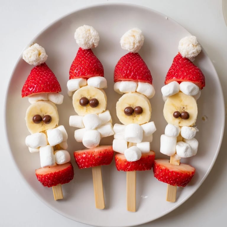 Kids adore these Banana Santa Snack Sticks: marshmallow beards and quick, easy fruit treats.