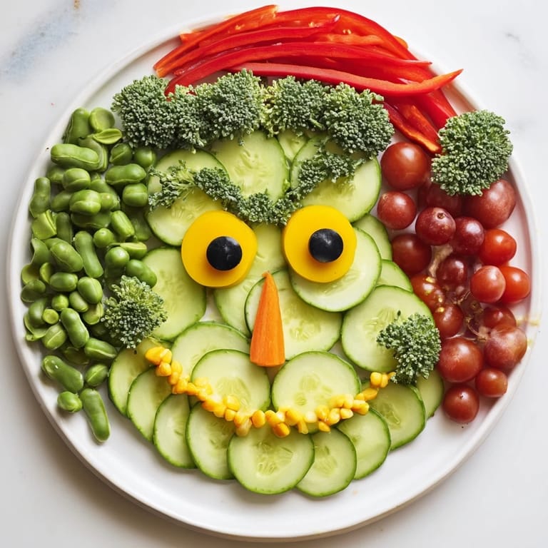 A cheerful Savory Crudités Grinch Face with vibrant green, red, and yellow veggies ready to be enjoyed.