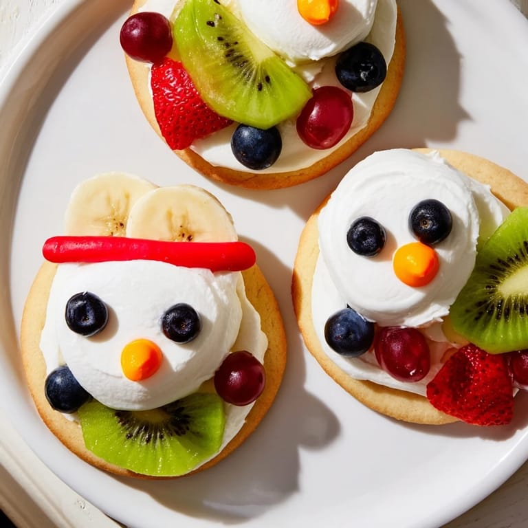 This family-friendly Melting Snowman Fruit Pizza has a sugar cookie base with creamy frosting and delightful fruit decorations.