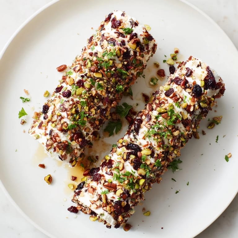 Appetizing Cranberry Goat Cheese Logs board, featuring goat cheese, nuts, fruit, and honey, perfect for entertaining.