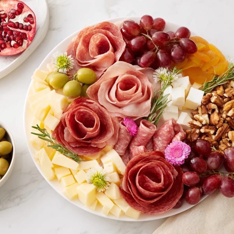 Elegant meat roses within this festive charcuterie board invite guests with savory aromas and flavors.