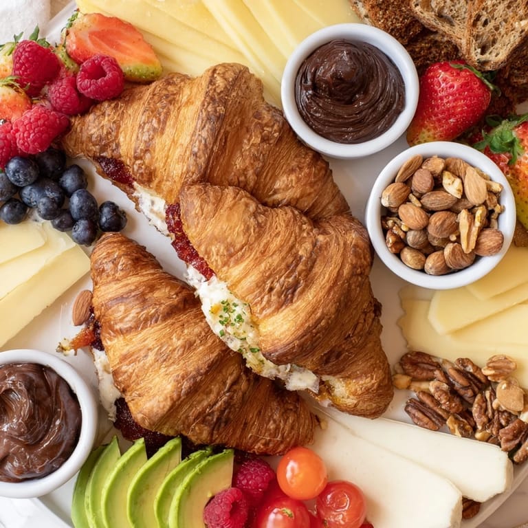 A beautifully arranged cozy fireplace croissant board, featuring fresh berries and melty cheeses.