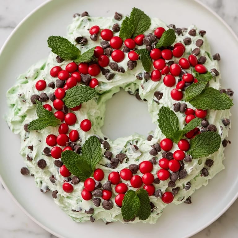 A creamy Mint Chocolate Chip Dip Wreath with chocolate chips, fresh mint, and holiday decorations, ready to enjoy.